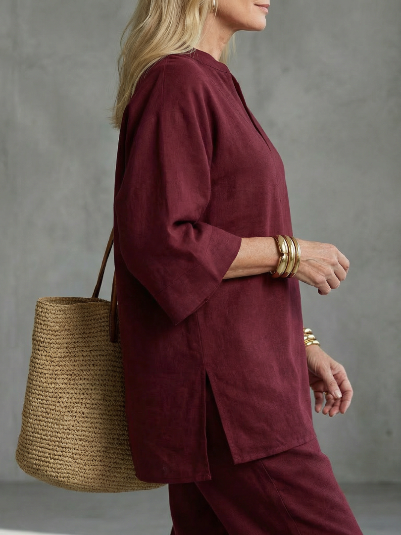 Elegant Relaxed Women's V-Neck Tunic & Gathered Trouser Set