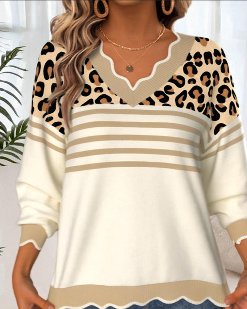 Women's V-Neck Sweater with Leopard Print and Stripe Contrast
