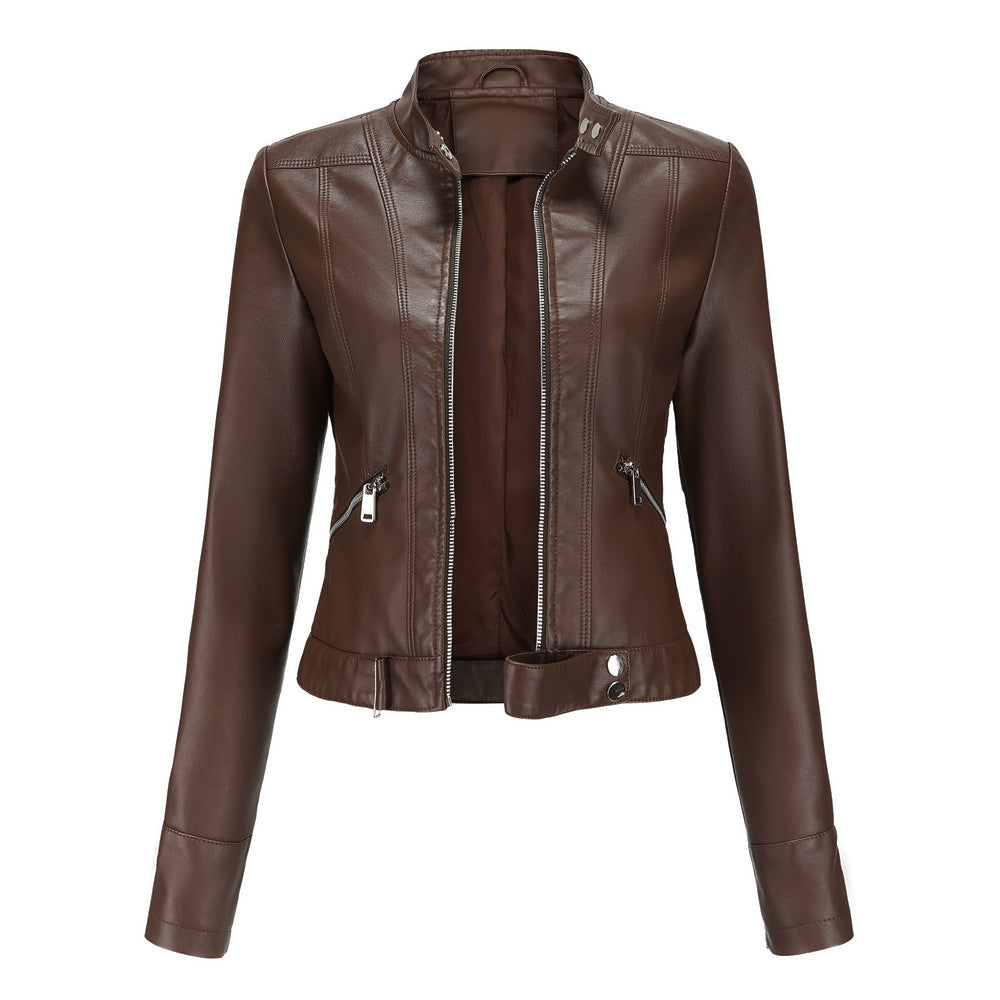Elegant Women's Leather Jacket - Classic Biker Jacket with Zipper