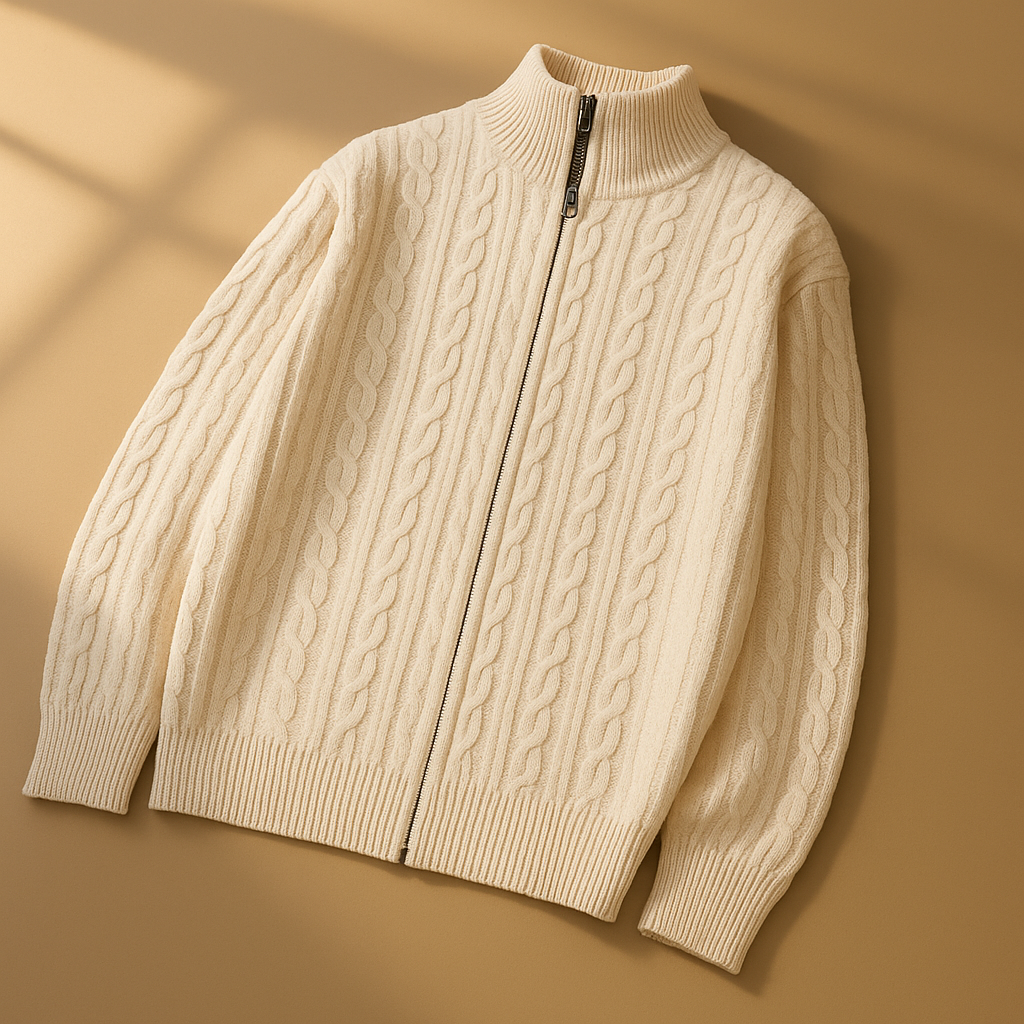 Men's Zip Cardigan with Textured Knit - High Collar