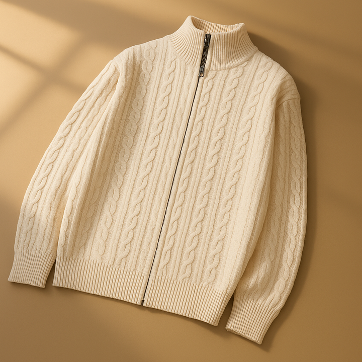 Men's Zip Cardigan with Textured Knit - High Collar