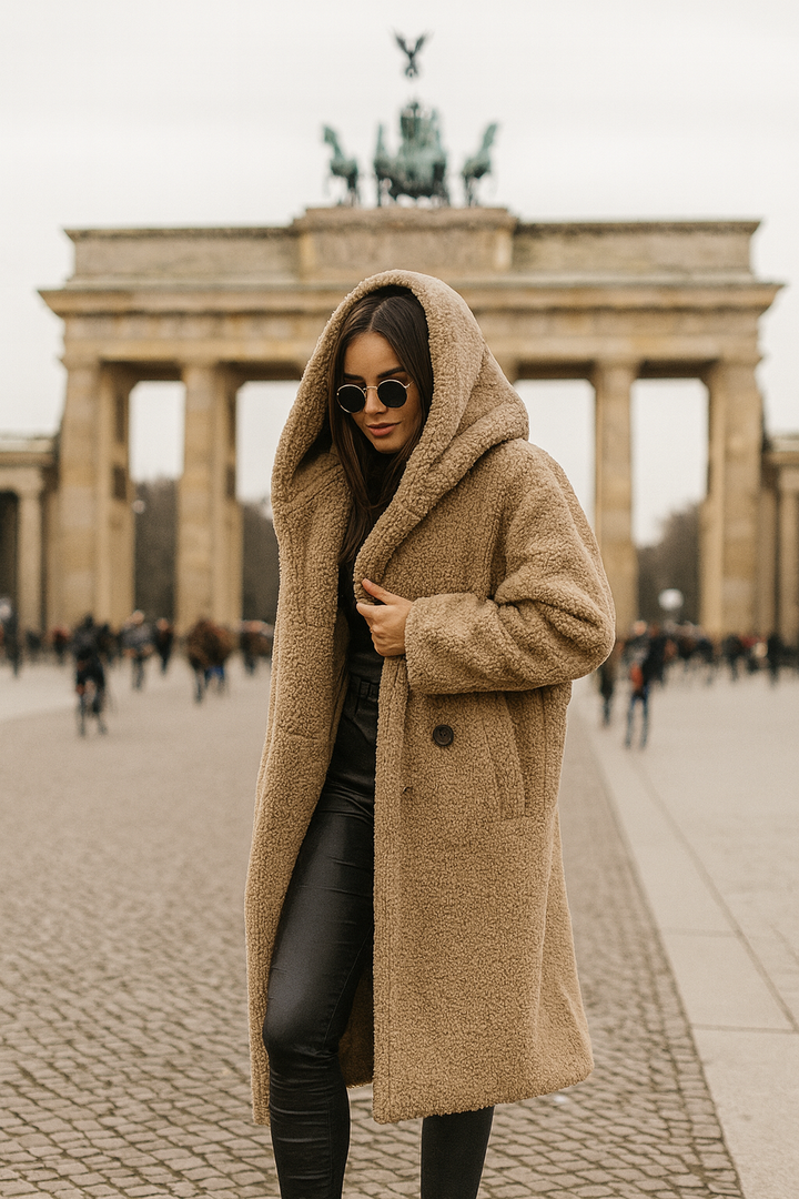 Women's Teddy Winter Coat Long with Hood - Elegant Warm Wool Coat