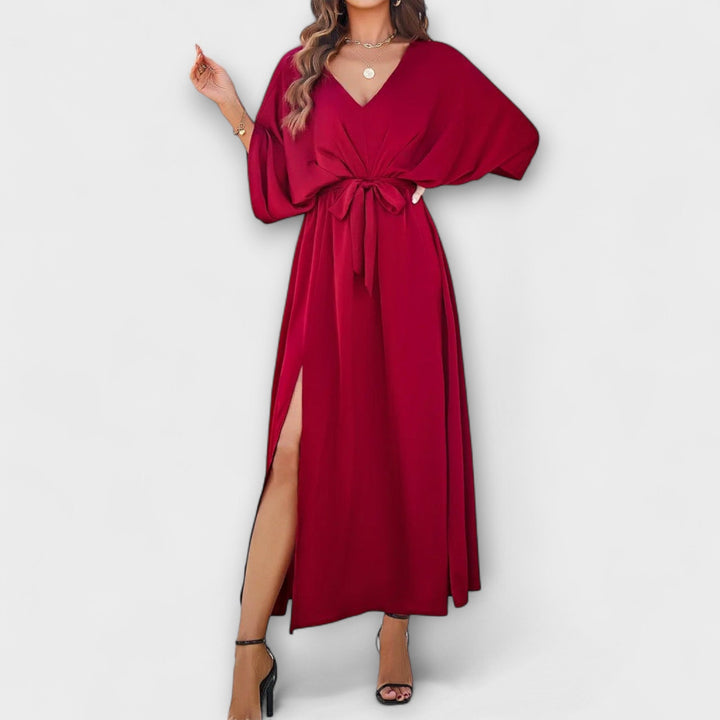 Elegant Women's Maxi Dress with V-Neck and Belt - Champagne