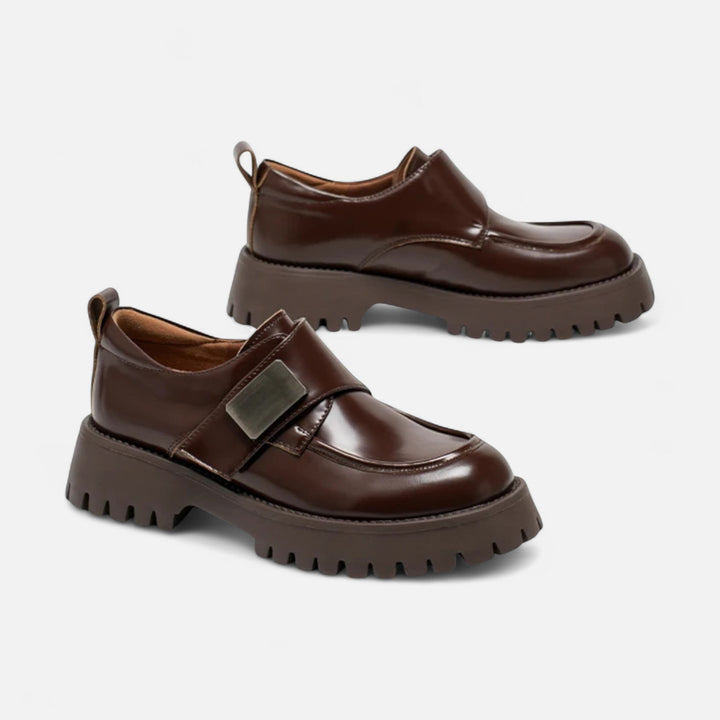 Elegant Women's Leather Derby Shoes with Round Toe and Buckle Closure