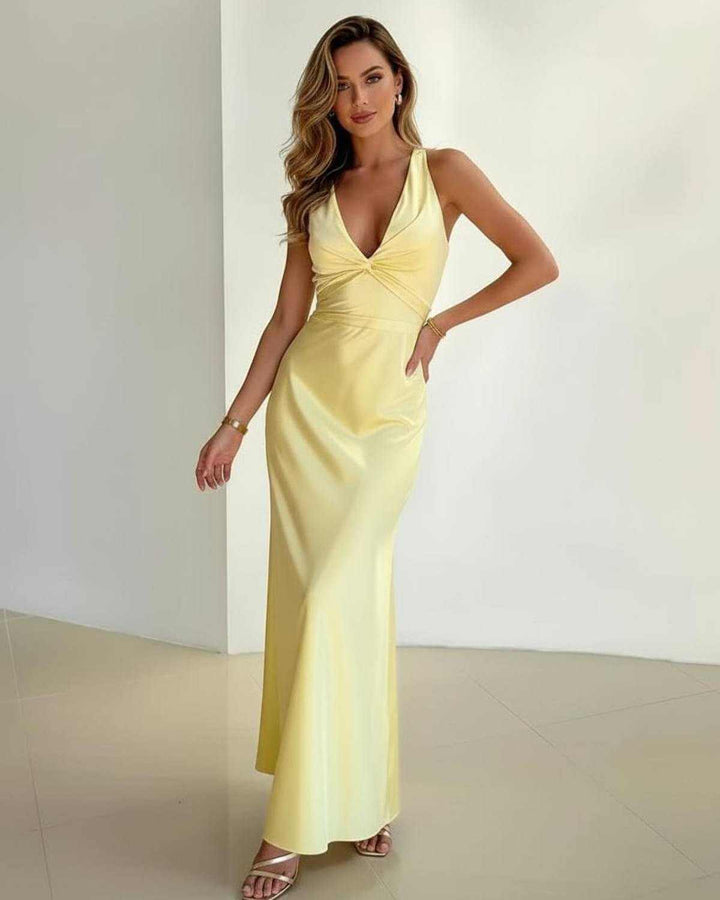 Elegant Satin Women's Maxi Dress – Sleeveless V-Neck A-Line in Vibrant Yellow