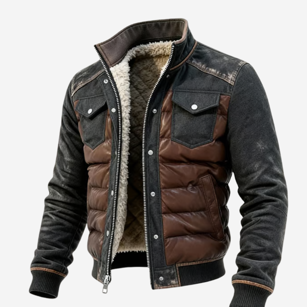 Men's Hybrid Quilted Jacket with Denim Look - Structured Insulated Winter Jacket