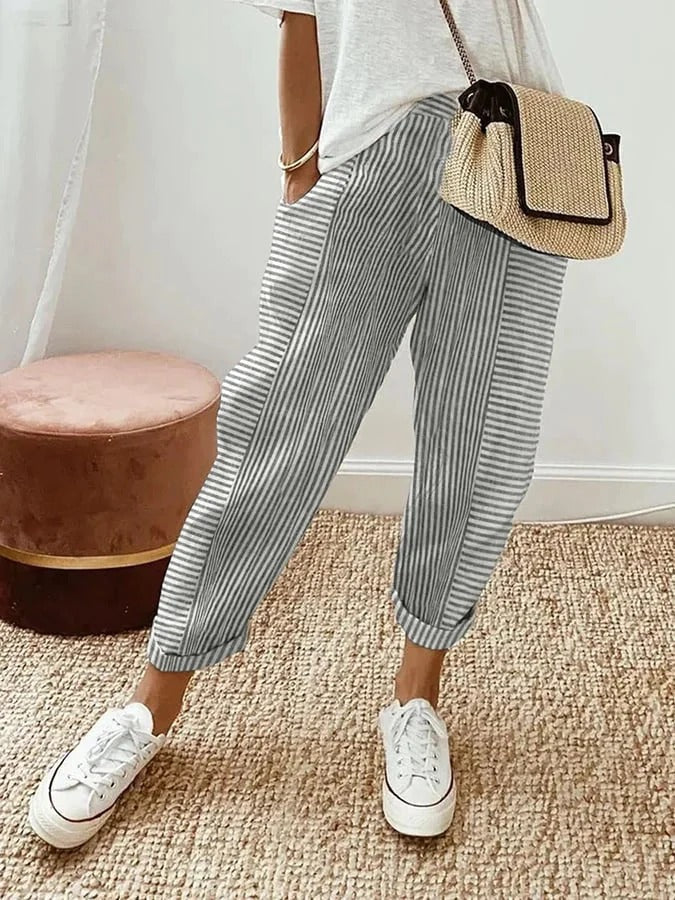 Lightweight Striped Women Cropped Summer Pants