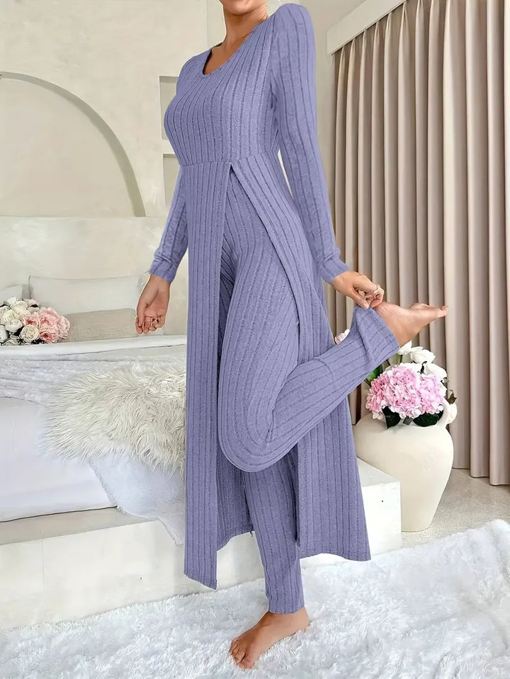 Women's Ribbed Set in Soft Rib Knit - Long Sleeve Top with Matching Pants