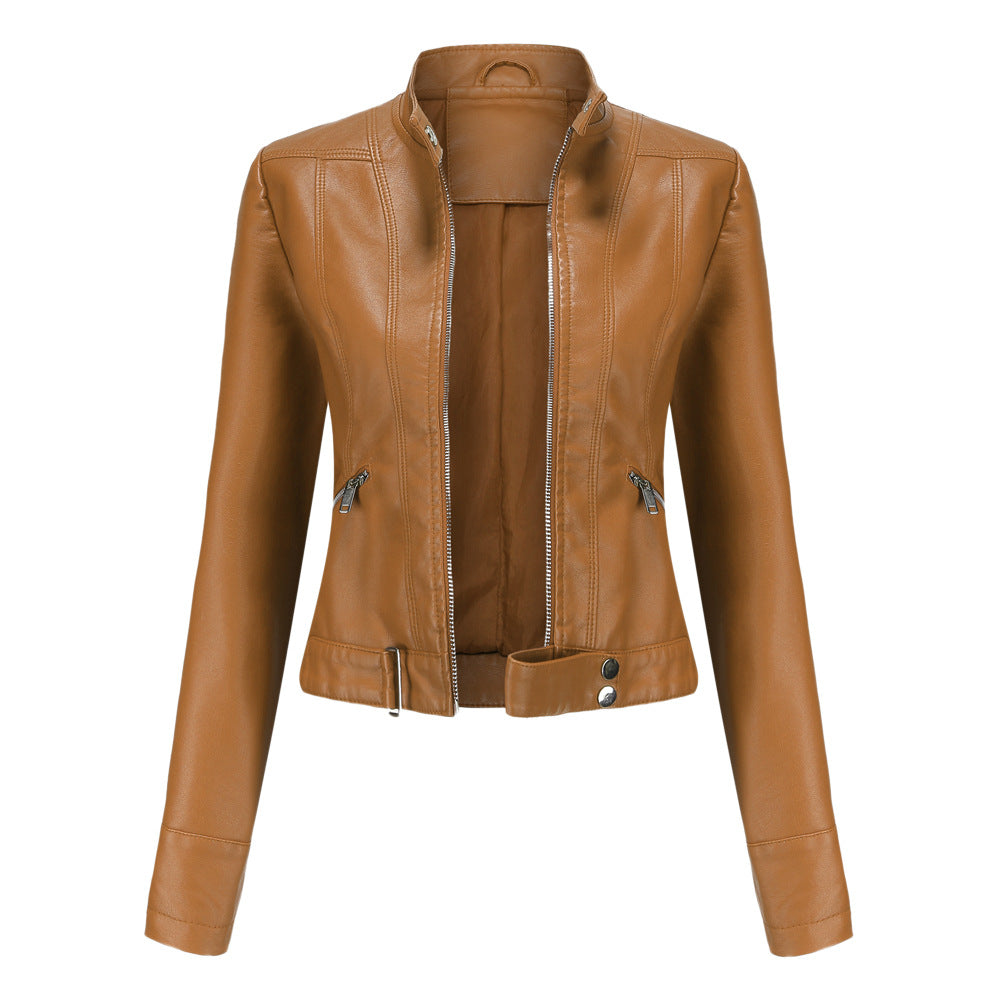 Elegant Women's Leather Jacket - Classic Biker Jacket with Zipper