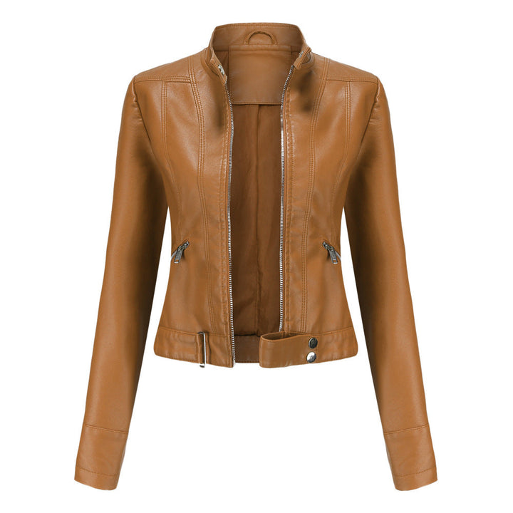 Elegant Women's Leather Jacket - Classic Biker Jacket with Zipper