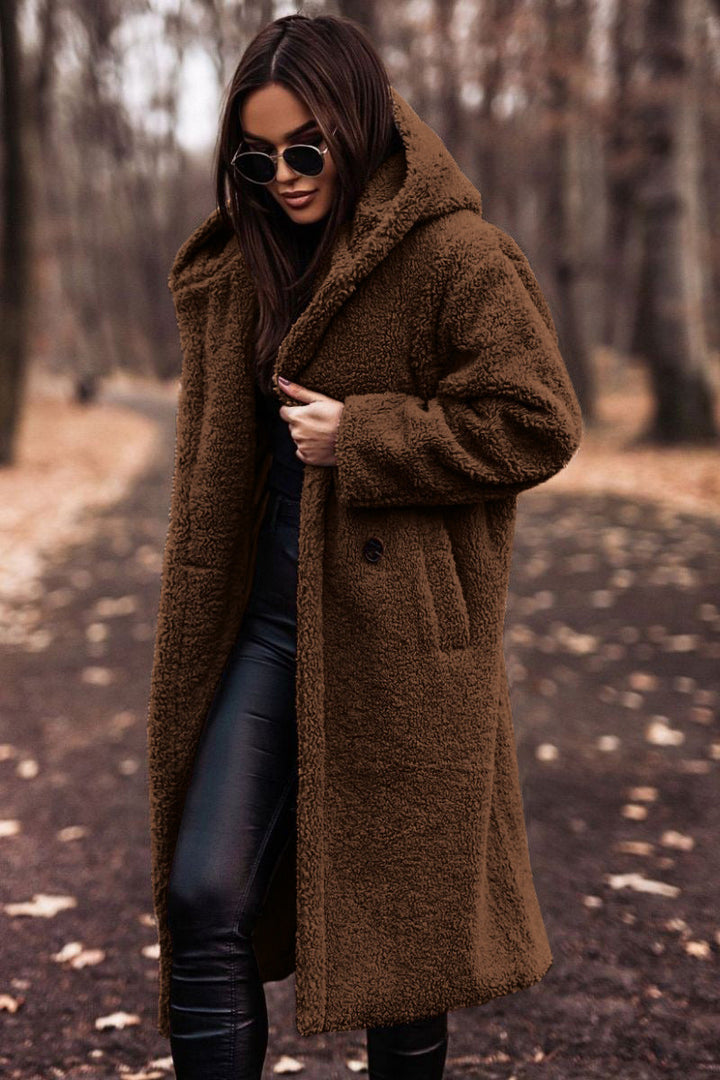 Women's Teddy Winter Coat Long with Hood - Elegant Warm Wool Coat