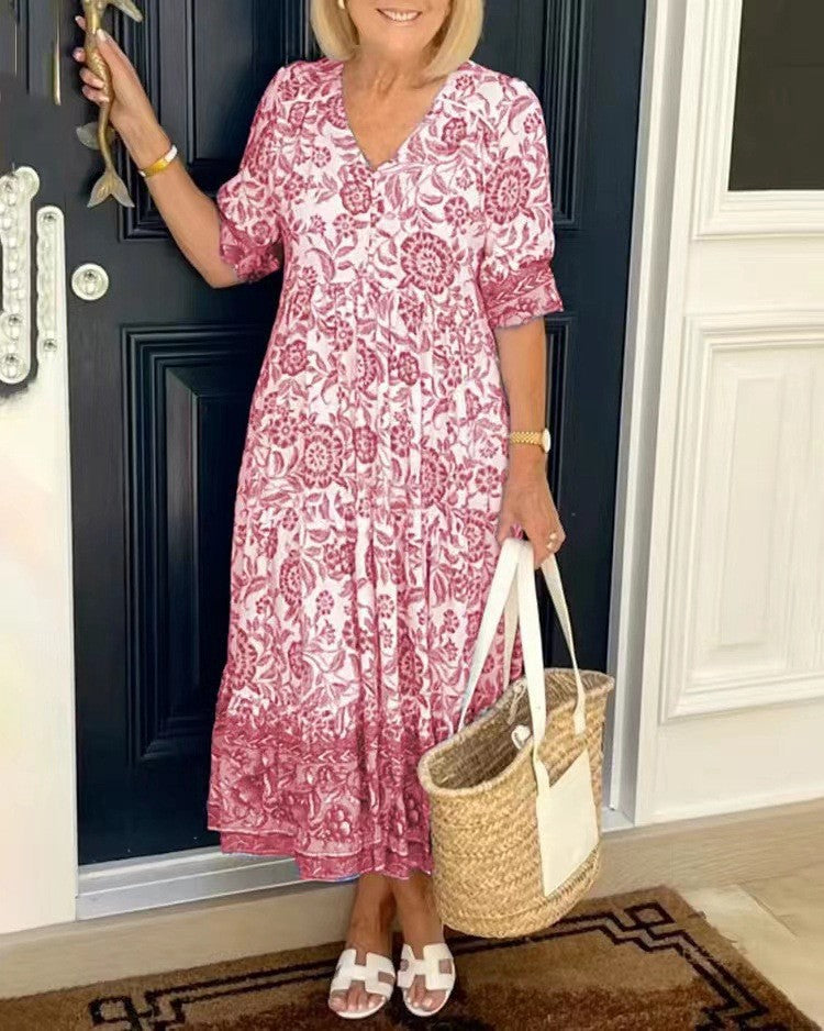 Elegant Breathable Women's V-Neck Floral Dress