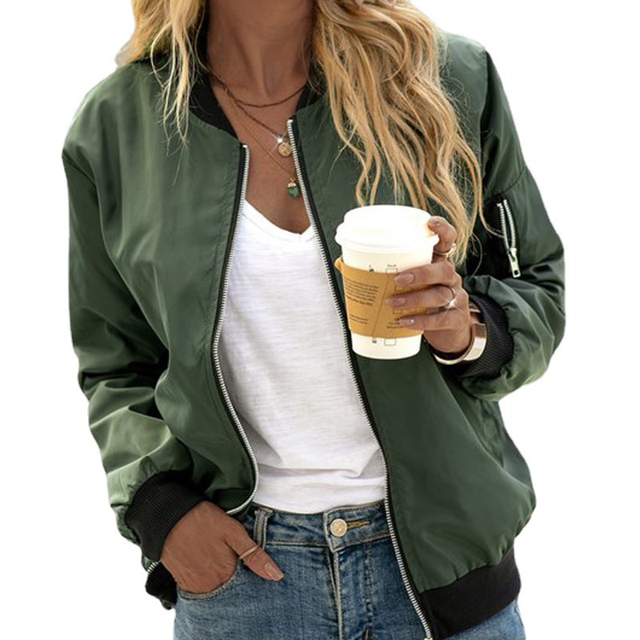 Women's Short Bomber Jacket with Zipper - Athletic-Elegant Transitional Jacket