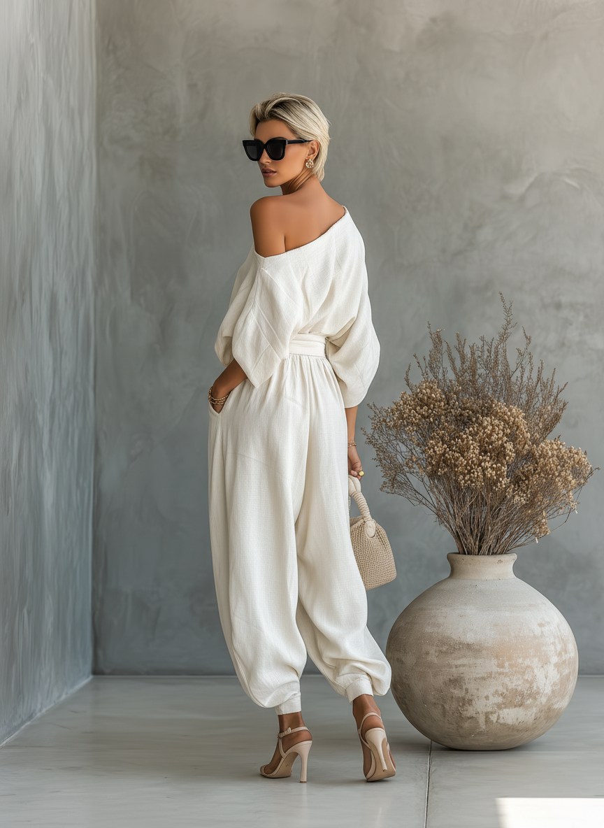 Relaxed Off-Shoulder Women's Linen Set with Tapered Pants