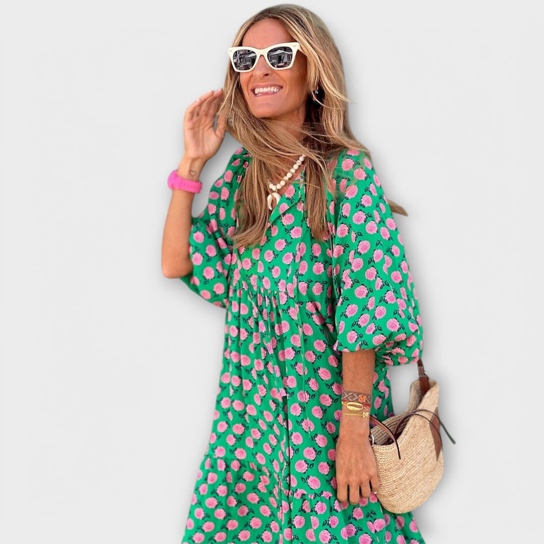 Elegant Women's Maxi Dress with Geometric Pattern - Relaxed Fit with V-Neckline