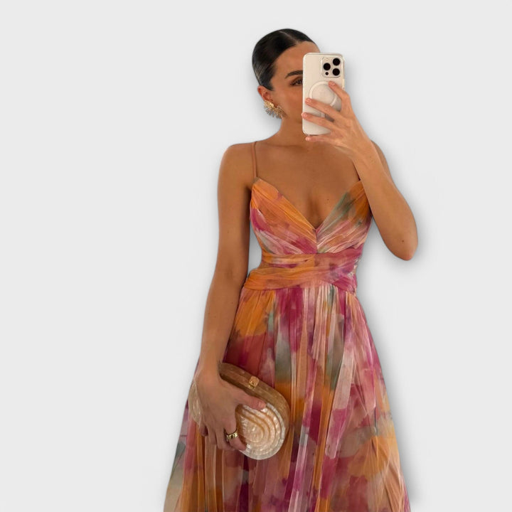 Elegant Women's Printed Mesh Maxi Dress - Figure-Hugging Fit