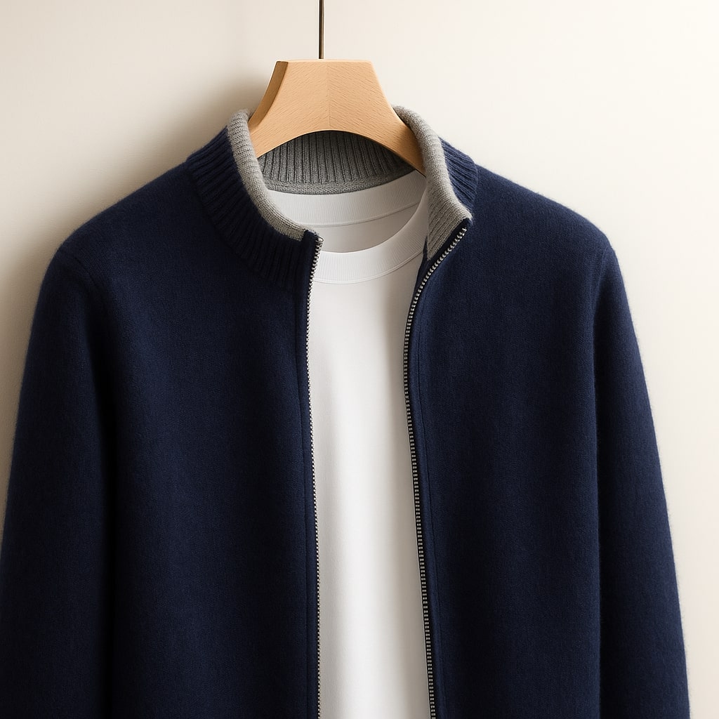 Elegant Men's Wool Zip Jacket - Minimalist Design for Business and Casual Wear