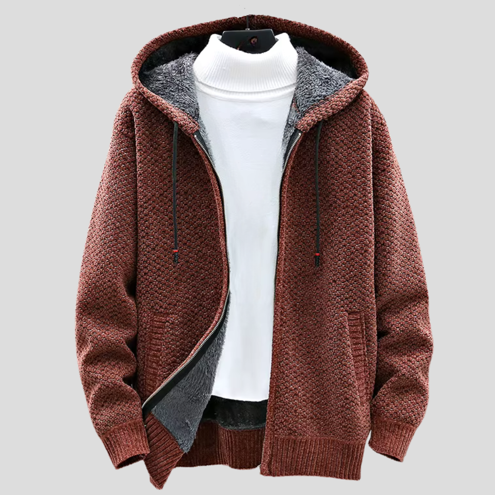 Men's Knit Hoodie with Fleece Lining and Zipper