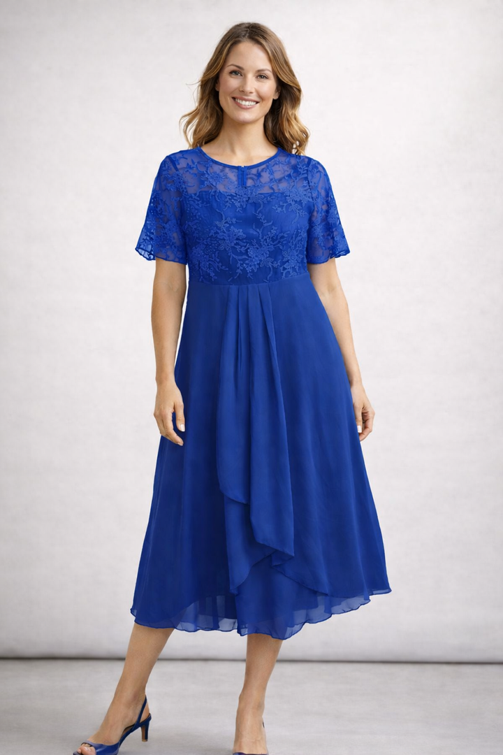 Elegant Lace & Chiffon Short Sleeve Women's Midi Dress