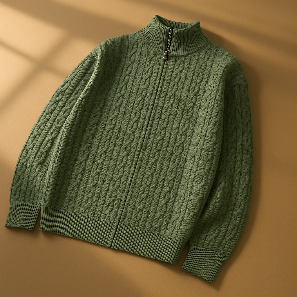 Men's Zip Cardigan with Textured Knit - High Collar
