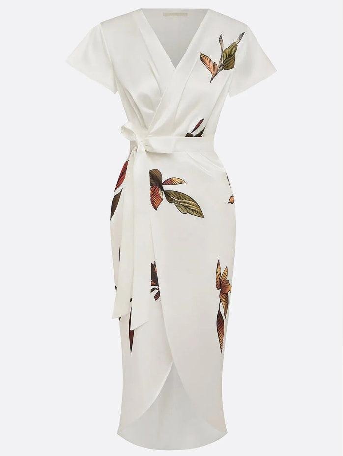 Damen Blumen Wickel Midi Kleid V-Ausschnitt