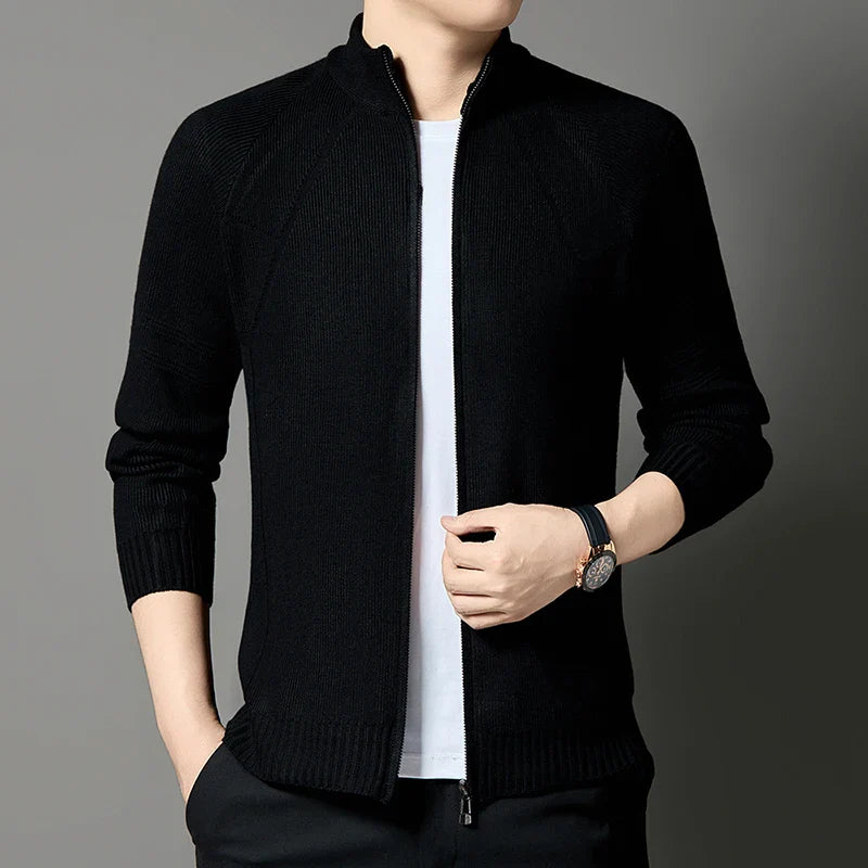 Men's Knitted Cardigan with Stand Collar - Full Zip and Wool Blend