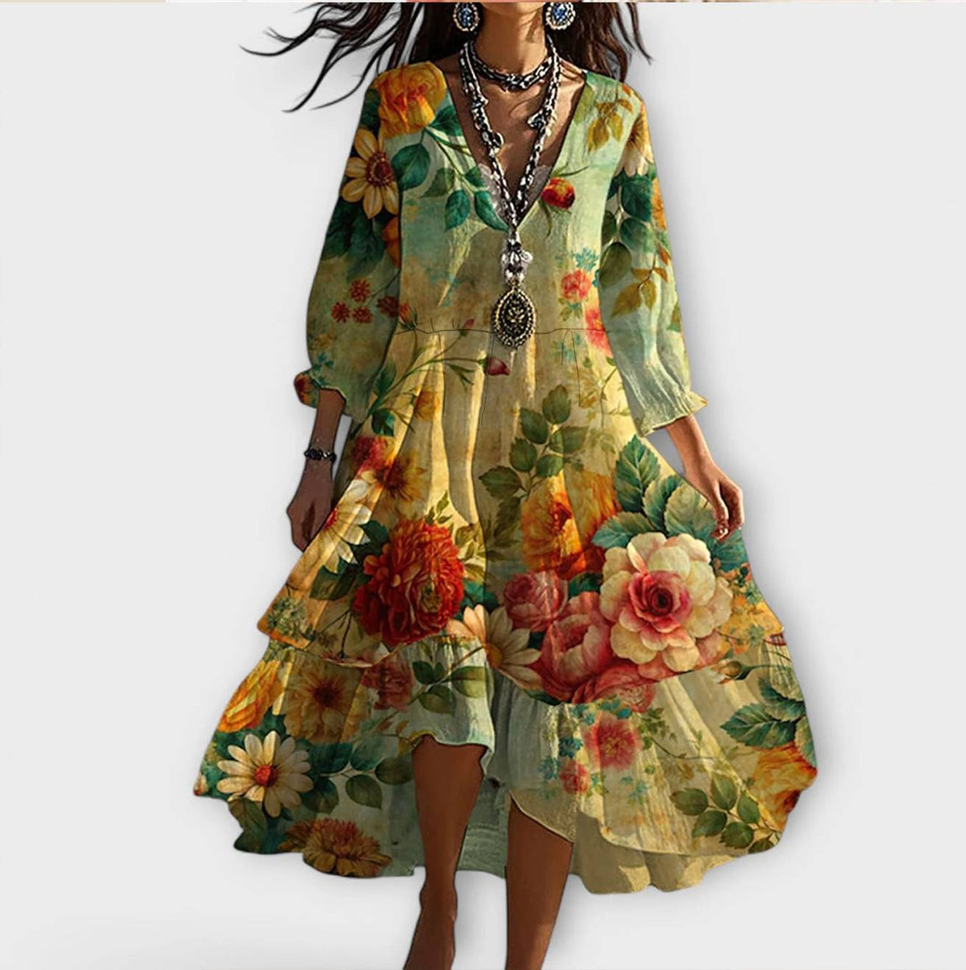 Women's Floral Print V-Neck Midi Dress - Boho Vintage Style