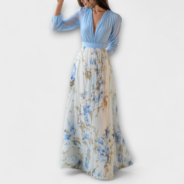 Women's Floral Print Maxi Dress with V-Neck - Flowy and Lightweight
