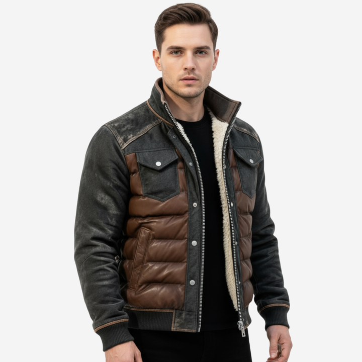Men's Hybrid Quilted Jacket with Denim Look - Structured Insulated Winter Jacket