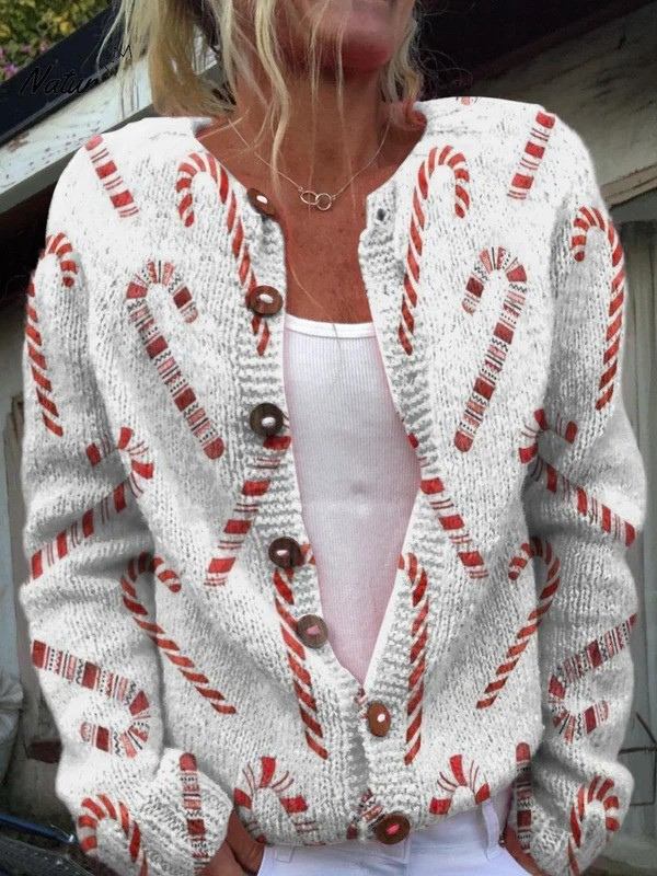 Women's Festive Knit Cardigan with Candy Cane Pattern - Christmas Cardigan