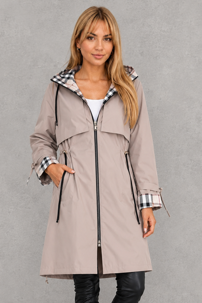 Waterproof Hooded Women's Jacket with Check Trim