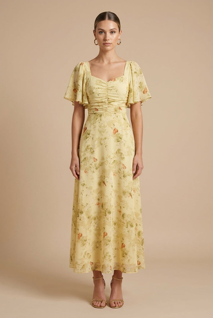 Elegant Floral Women's Maxi Dress with Puff Sleeves