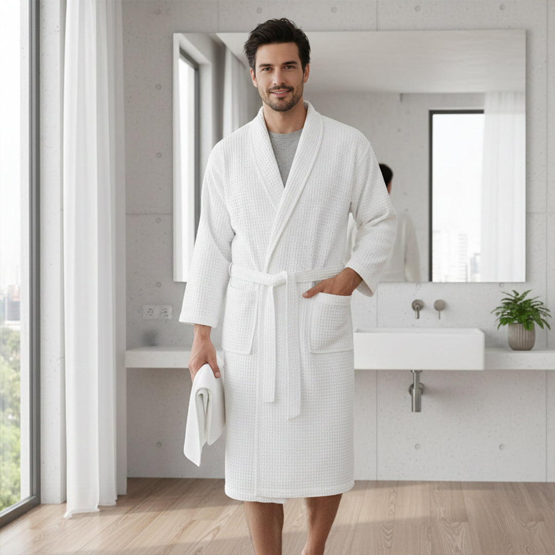Lightweight Cotton Waffle Men's Spa Bathrobe with Belt