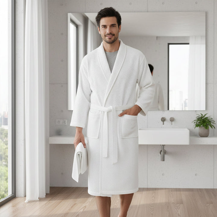 Lightweight Cotton Waffle Men's Spa Bathrobe with Belt