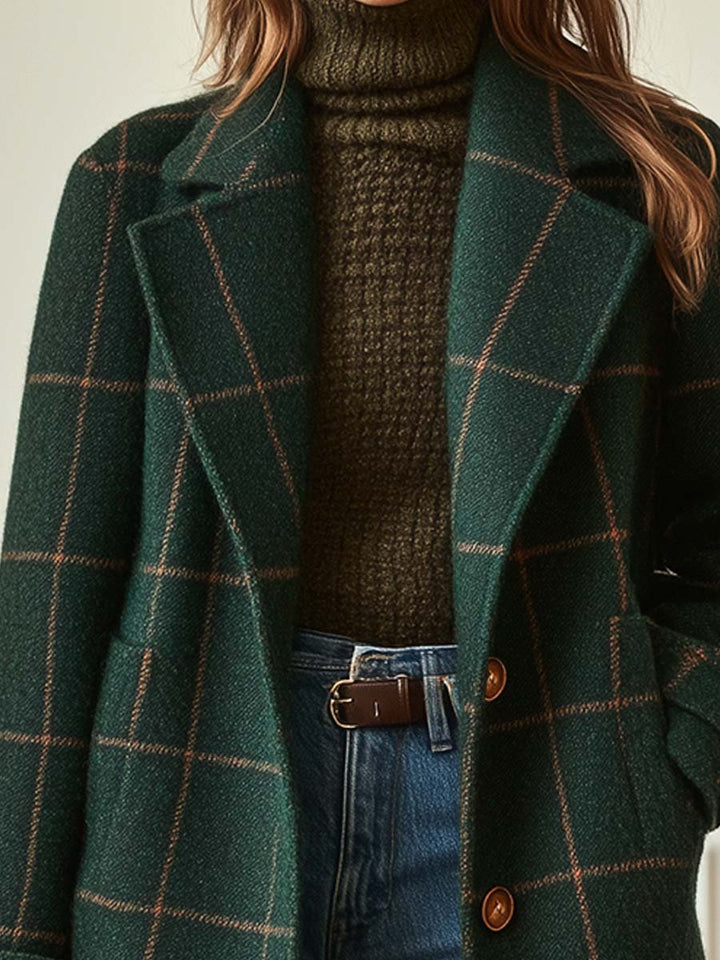 Elegant Women's Tweed Coat with Plaid Pattern and Lapels - Retro Wool Coat