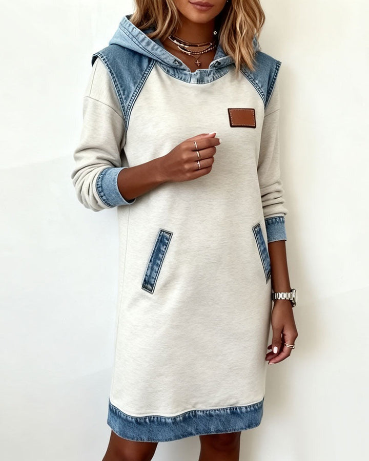 Women's Casual Hoodie Dress with Denim Inserts