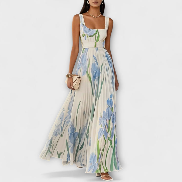 Elegant Women's Floral Chiffon Maxi Dress with A-Line Silhouette
