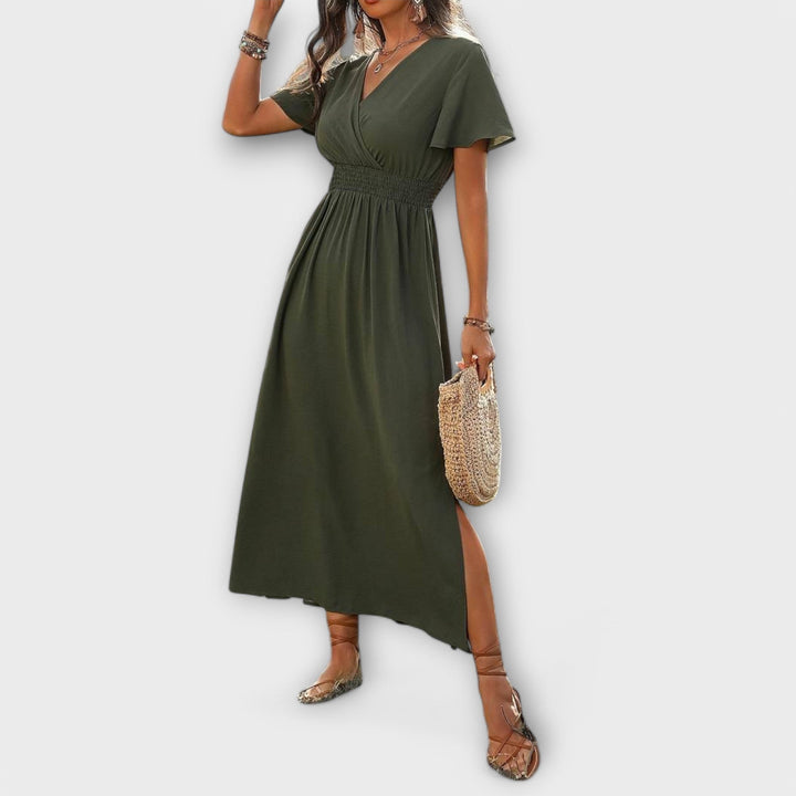 Elegant Women's Boho Dress with V-Neck and Long Sleeves