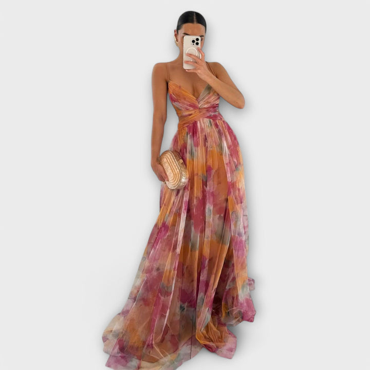 Elegant Women's Printed Mesh Maxi Dress - Figure-Hugging Fit