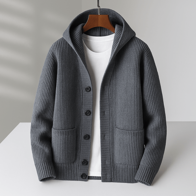 Warm Men's Hooded Cardigan - Wool Blend Cardigan with Button Closure