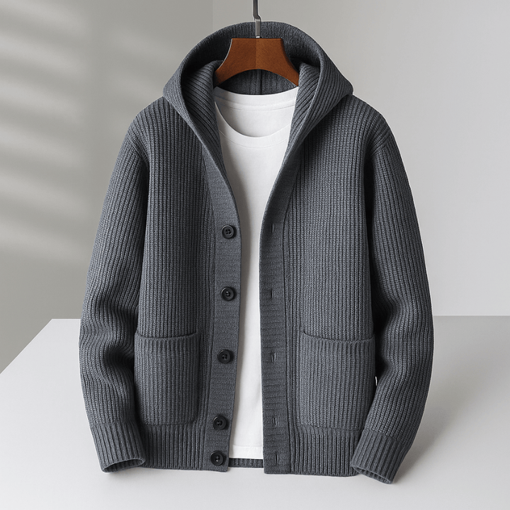 Warm Men's Hooded Cardigan - Wool Blend Cardigan with Button Closure