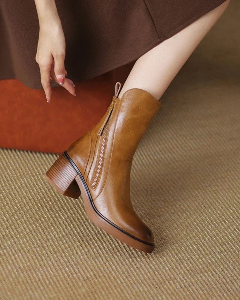 Elegant Women's Leather Ankle Boots with Block Heel - Comfortable Ankle Boots