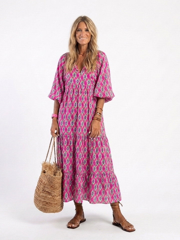 Lightweight Elegant Women's V-Neck Patterned Midi Dress