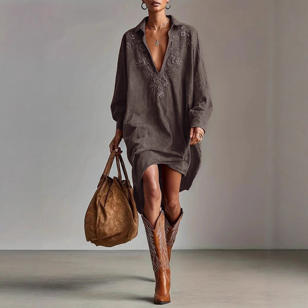 Women's Embroidered Midi Dress - Faux Suede Bohemian Dress Long Sleeve