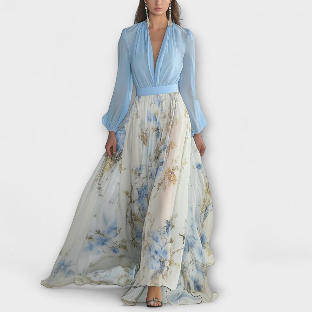 Women's Floral Print Maxi Dress with V-Neck - Flowy and Lightweight