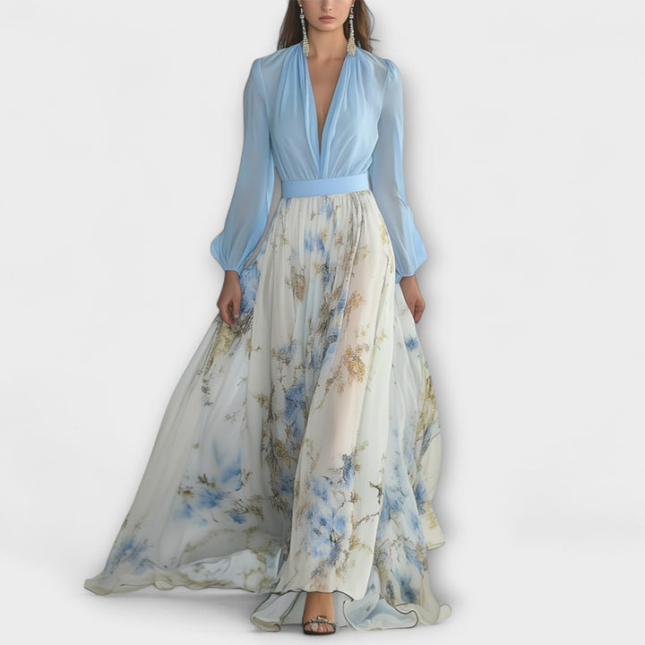 Women's Floral Print Maxi Dress with V-Neck - Flowy and Lightweight