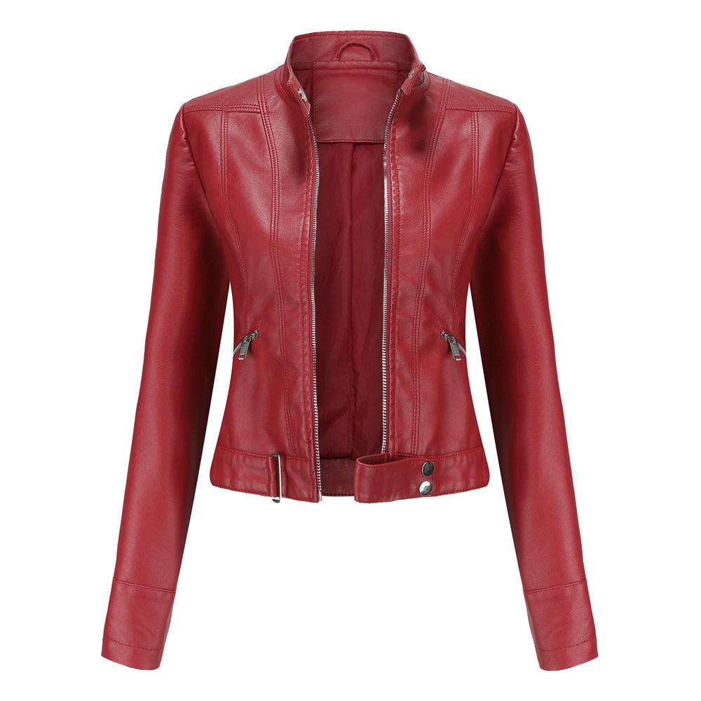 Elegant Women's Leather Jacket - Classic Biker Jacket with Zipper