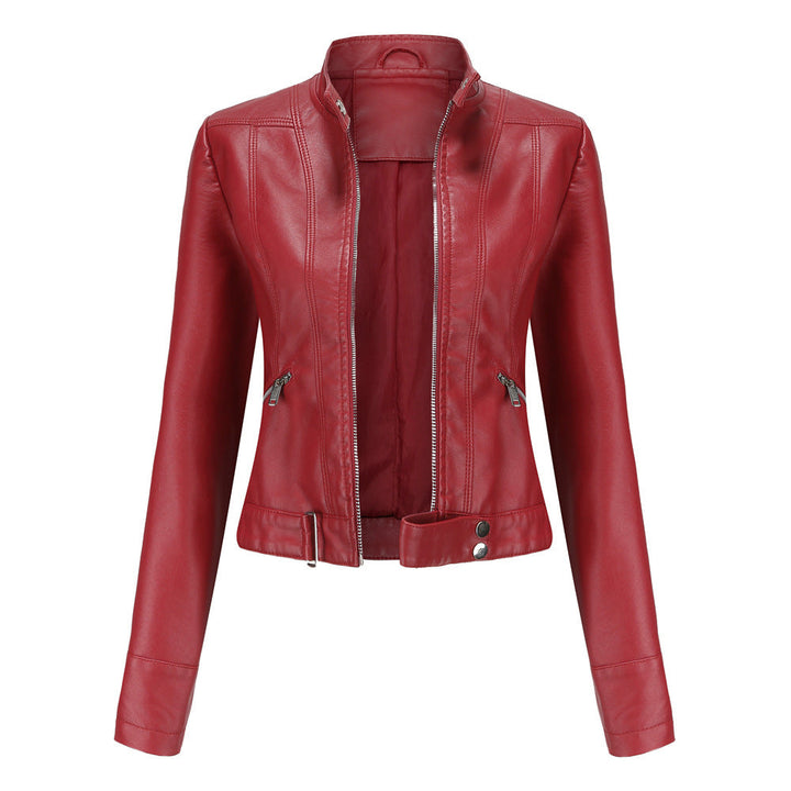 Elegant Women's Leather Jacket - Classic Biker Jacket with Zipper