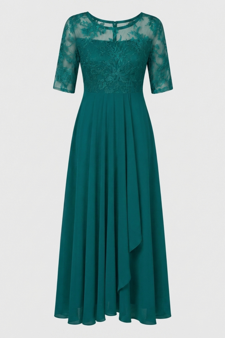 Elegant Festive Women's Chiffon Maxi Dress with Lace Bodice and 3/4 Sleeves