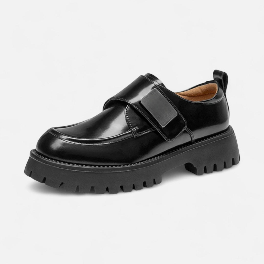 Elegant Women's Leather Derby Shoes with Round Toe and Buckle Closure